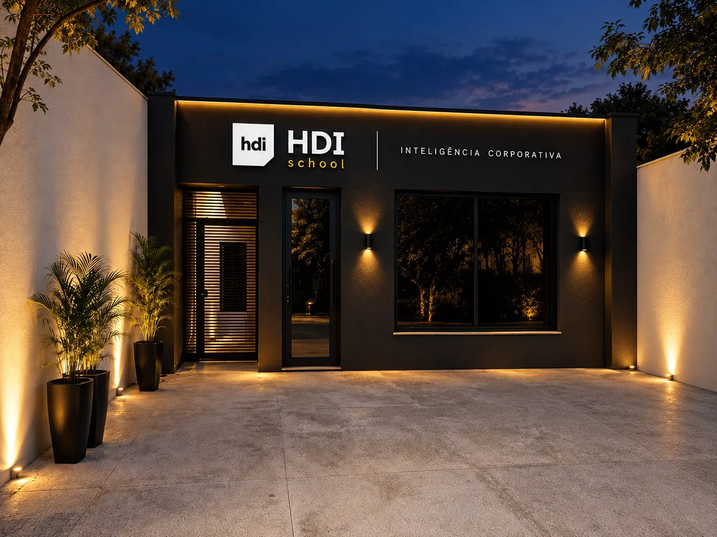 Fachada da HDI School à noite