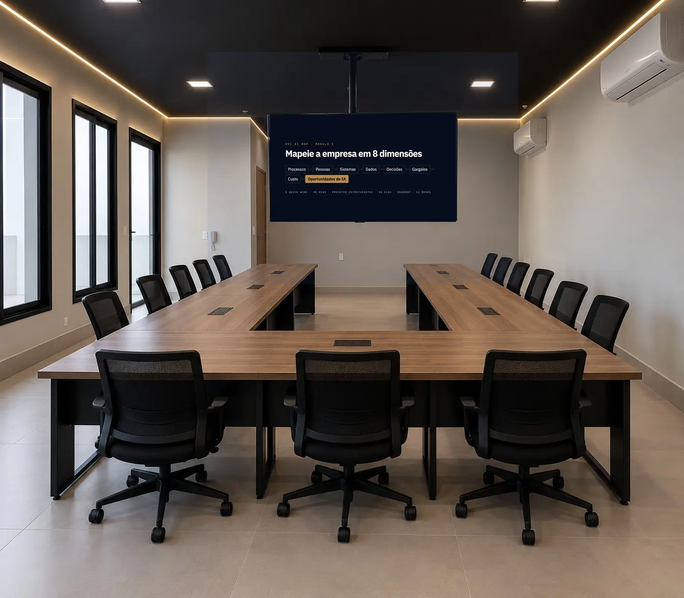 Sala de aula em U com tela grande
